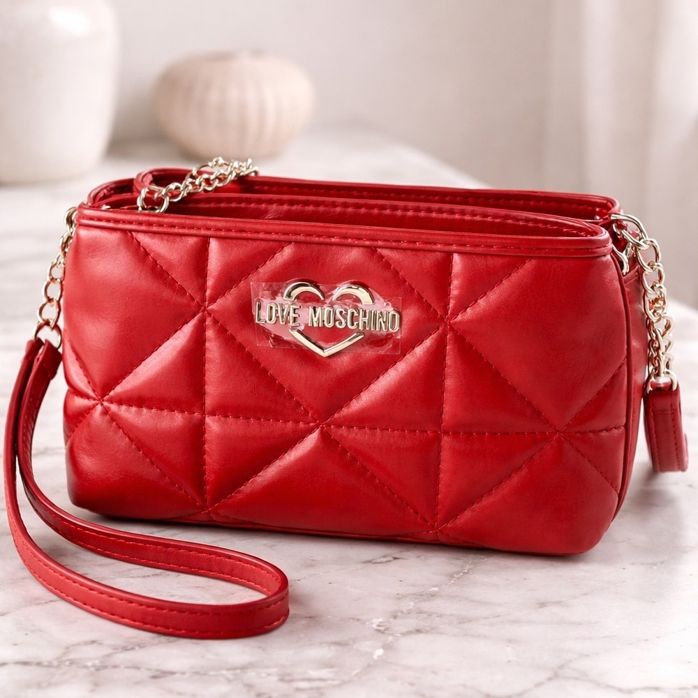 Love Moschino Red Quilted Crossbody Bag Double Zip NWT